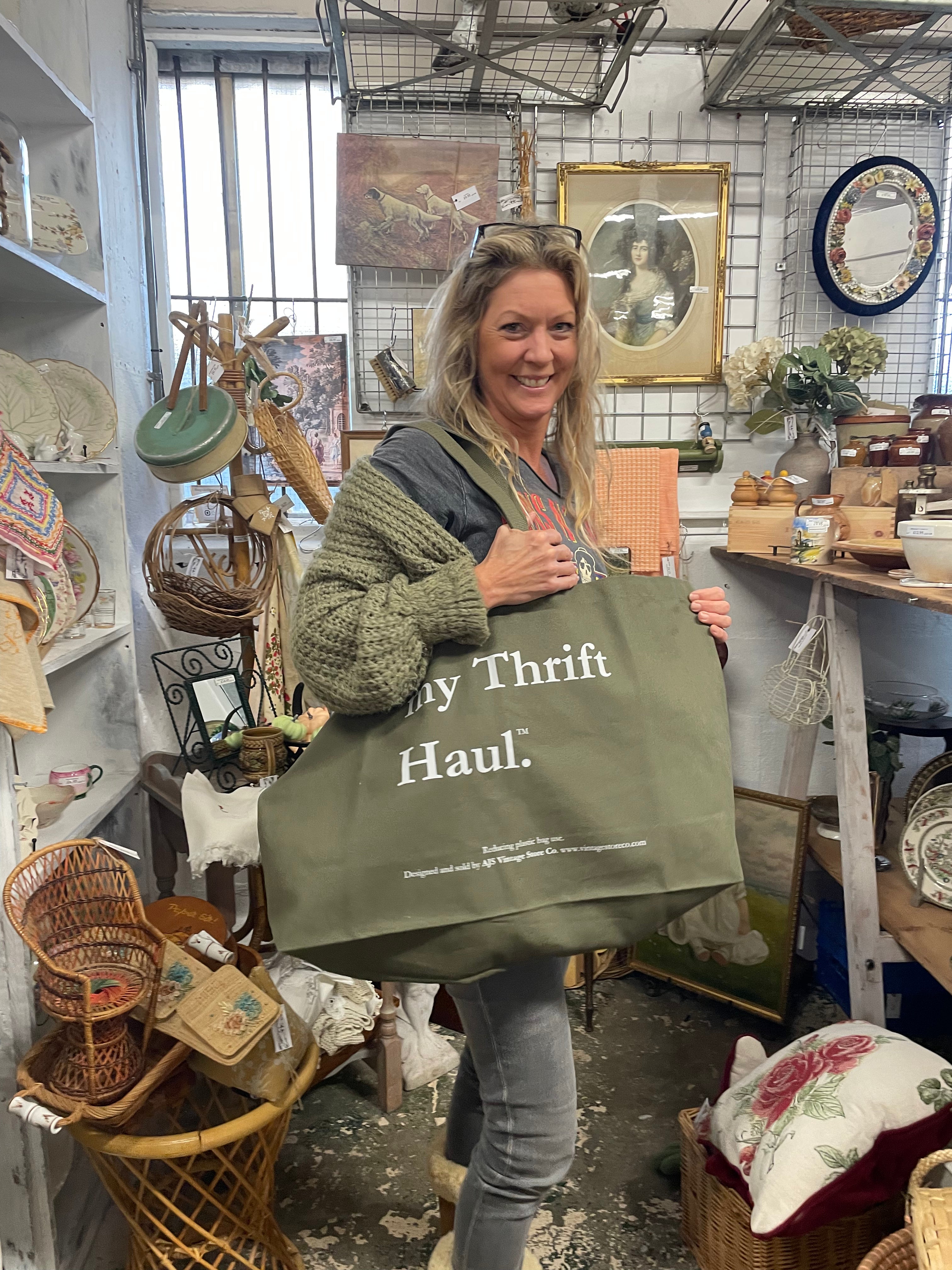my Thrift Haul™ Oversized Canvas Tote Bag – Olive with Grey Logo