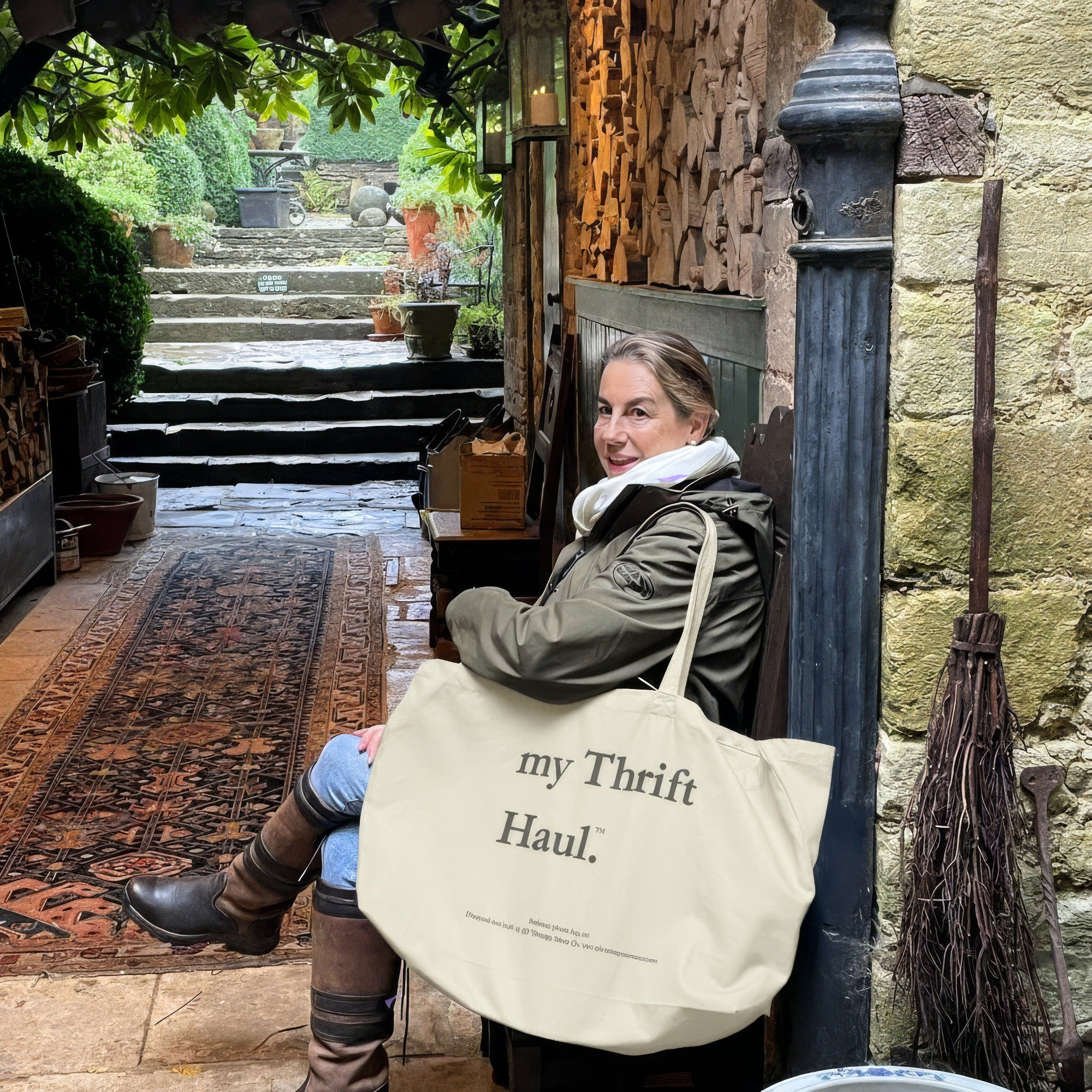my Thrift Haul™ Oversized Canvas Tote Bag – Natural with Dark Grey Logo