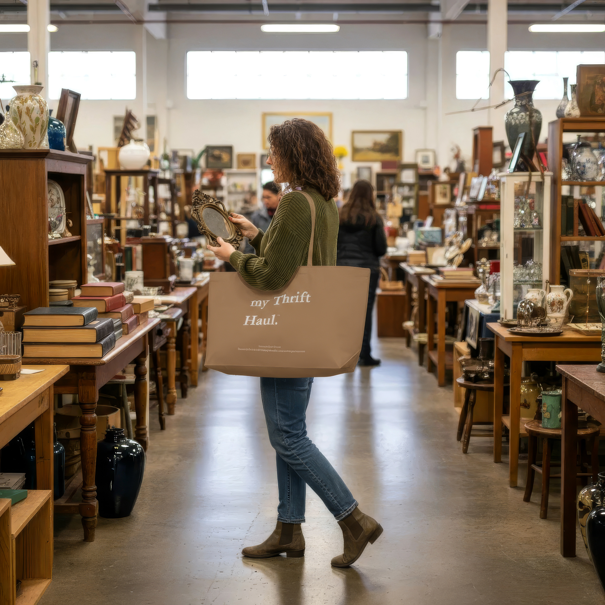 my Thrift Haul™ Oversized Canvas Tote Bag – Caramel with Light Grey Logo