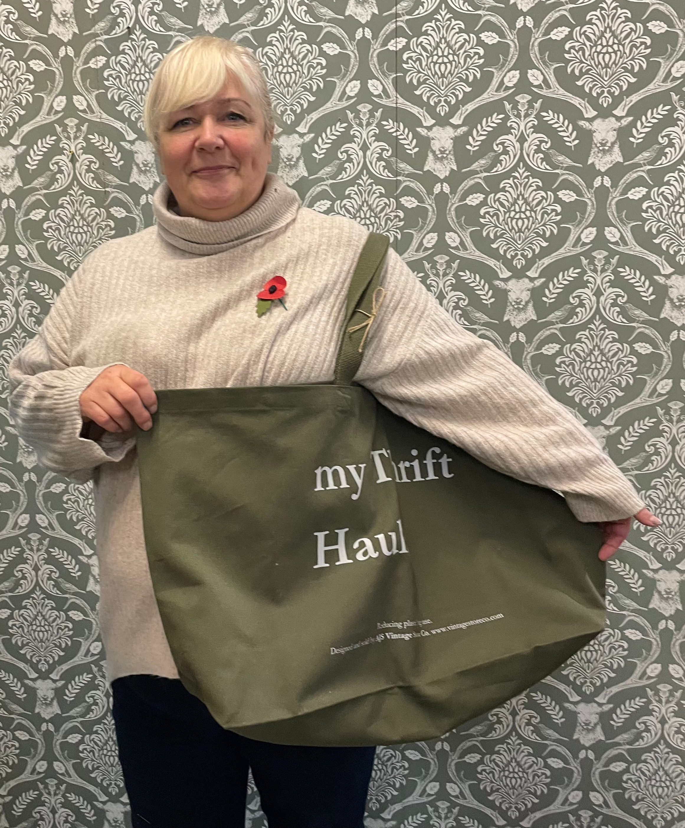 my Thrift Haul™ Oversized Canvas Tote Bag – Olive with Grey Logo