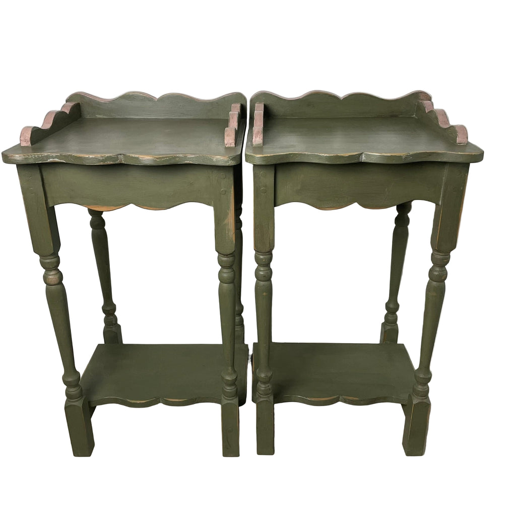 Pair of Hand-Restored Vintage Pine Side Tables Sage Green Jaipur Pink AJS Vintage Rehab