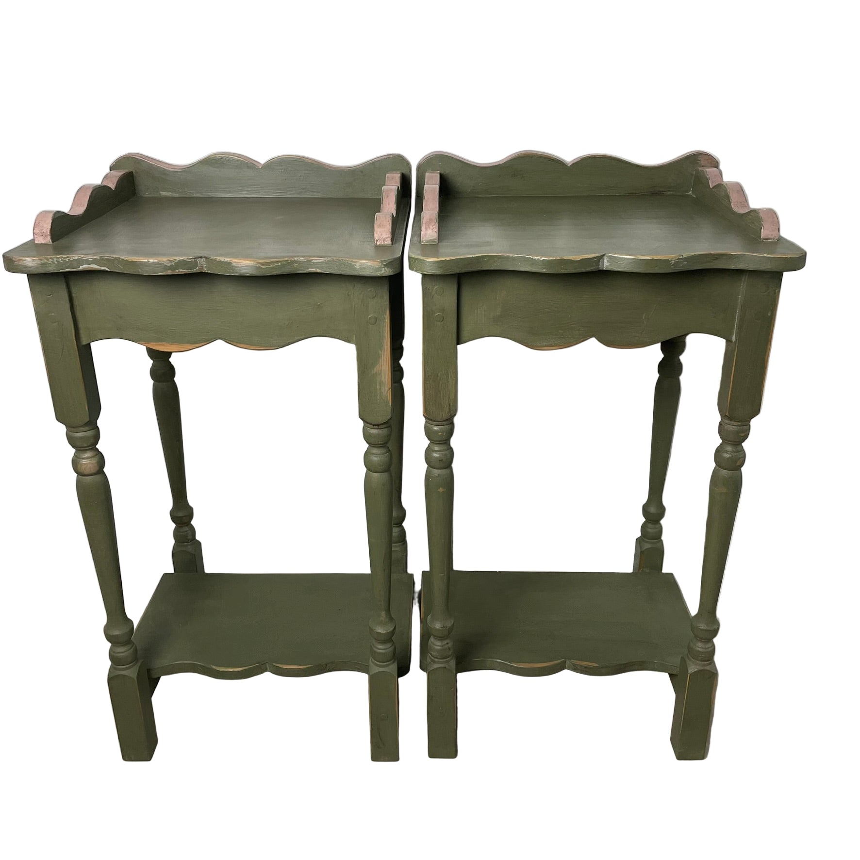Pair of Hand-Restored Vintage Pine Side Tables Sage Green Jaipur Pink AJS Vintage Rehab