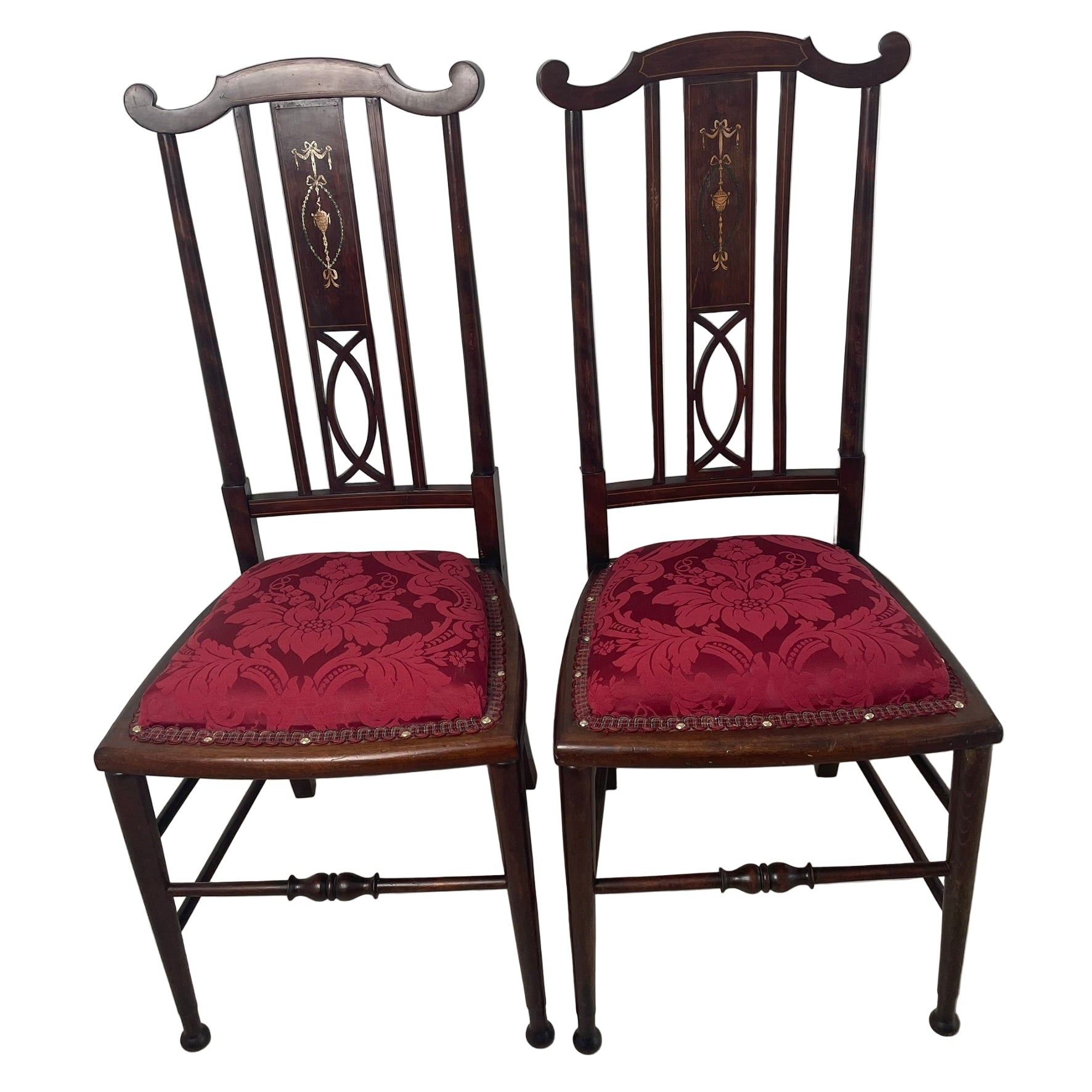 Pair of Edwardian Inlaid Mahogany Side Chairs - Red Damask Upholstery