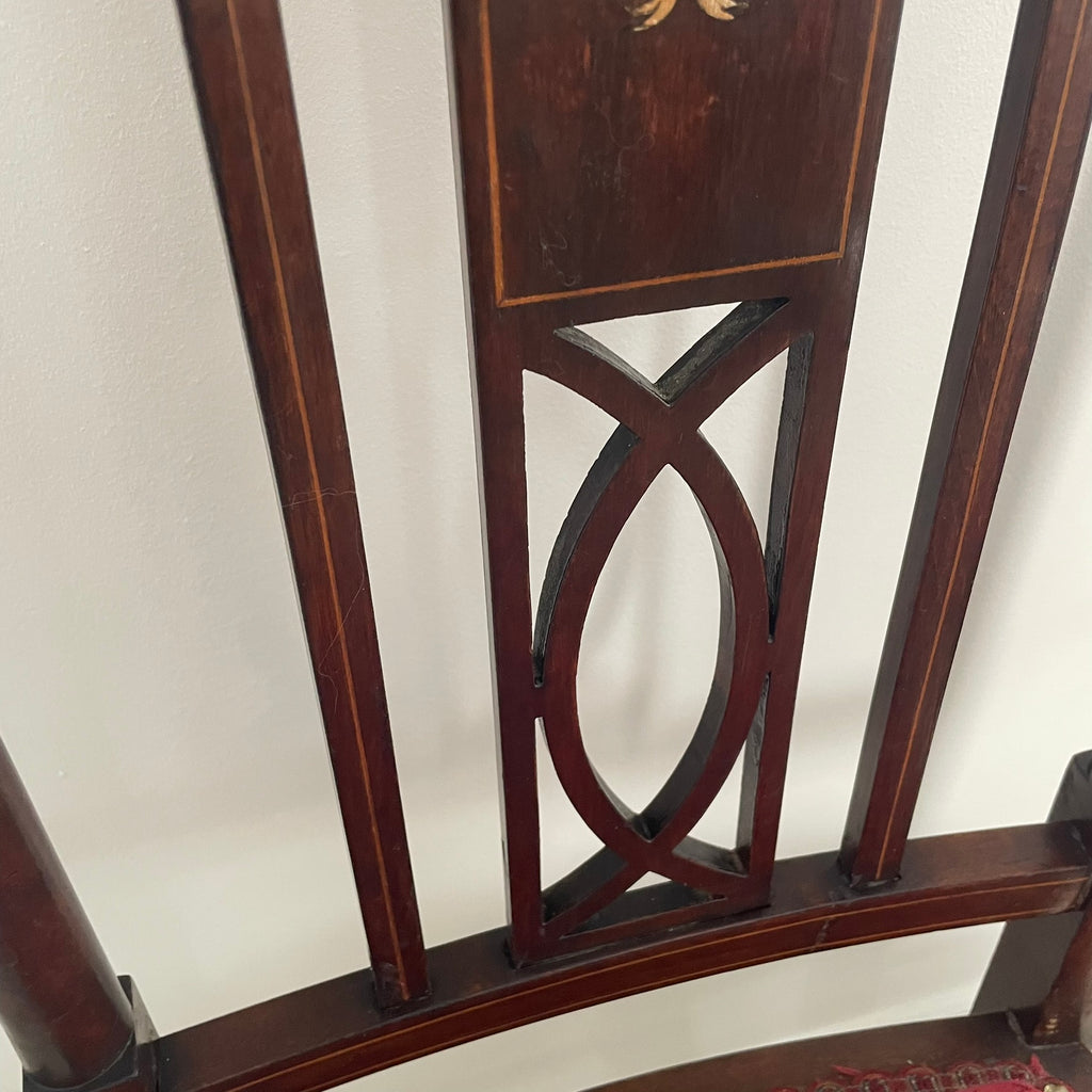 Pair of Edwardian Inlaid Mahogany Side Chairs - Red Damask Upholstery