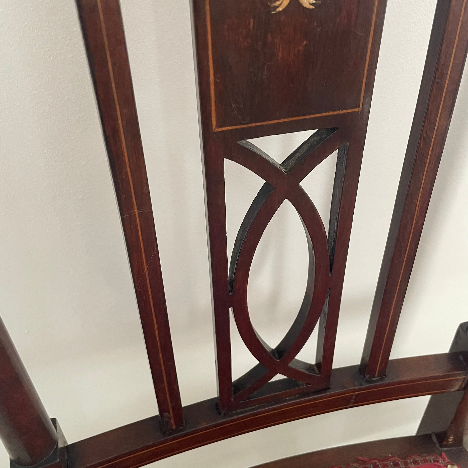 Pair of Edwardian Inlaid Mahogany Side Chairs - Red Damask Upholstery