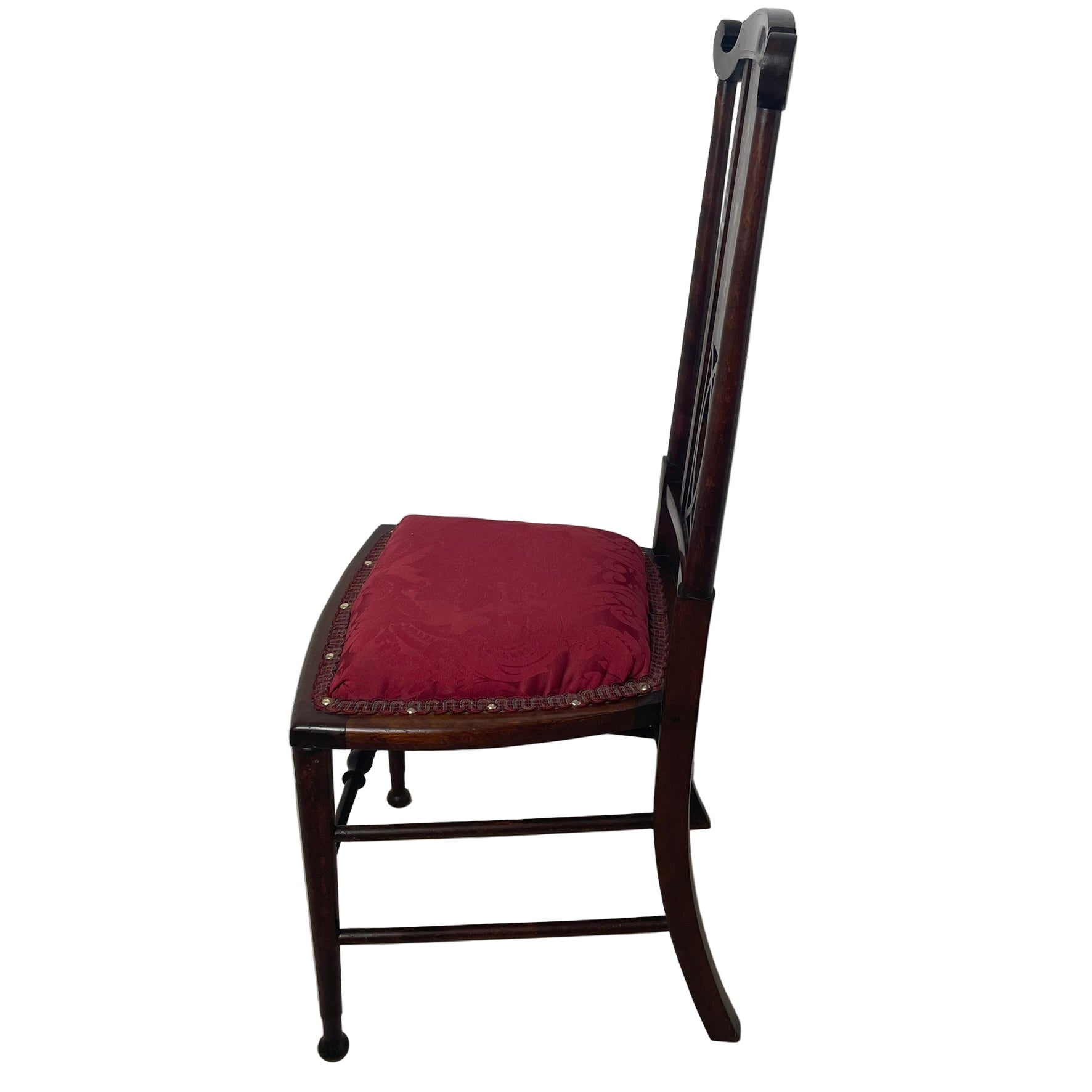 Pair of Edwardian Inlaid Mahogany Side Chairs - Red Damask Upholstery