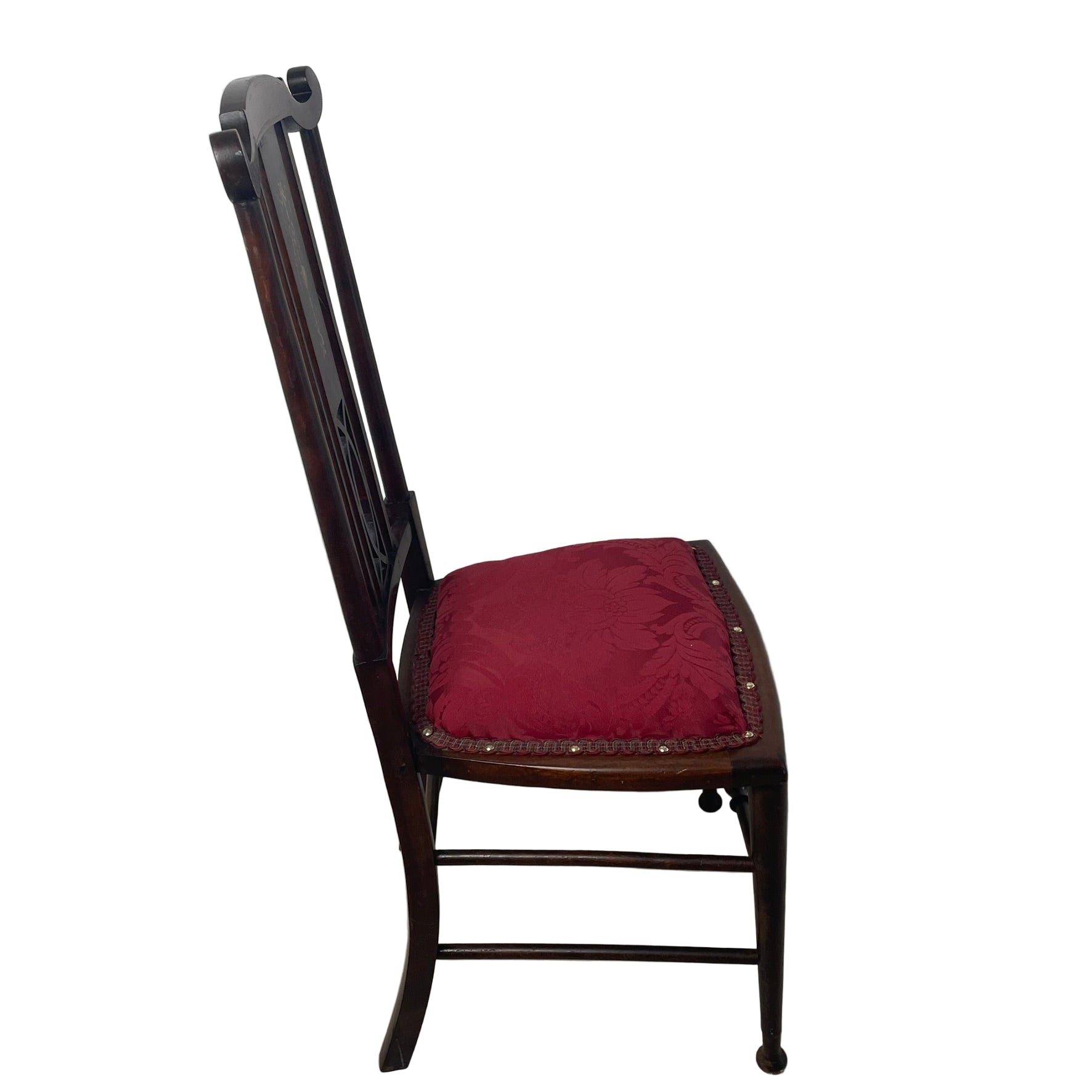 Pair of Edwardian Inlaid Mahogany Side Chairs - Red Damask Upholstery