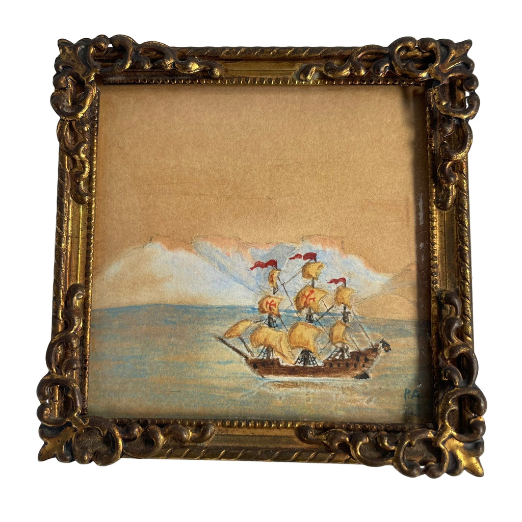 Pair of Miniature Watercolours – Pastoral & Maritime Scenes, Signed "P.A."