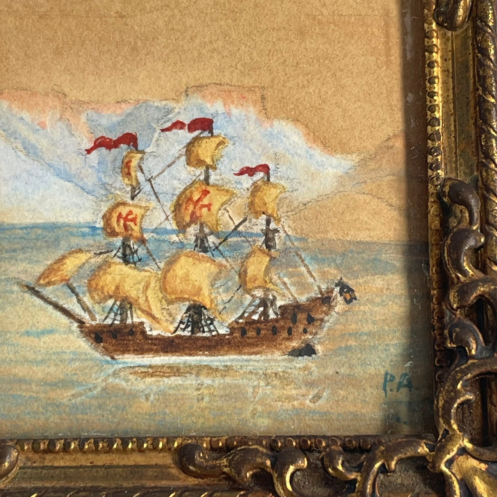 Pair of Miniature Watercolours – Pastoral & Maritime Scenes, Signed "P.A."