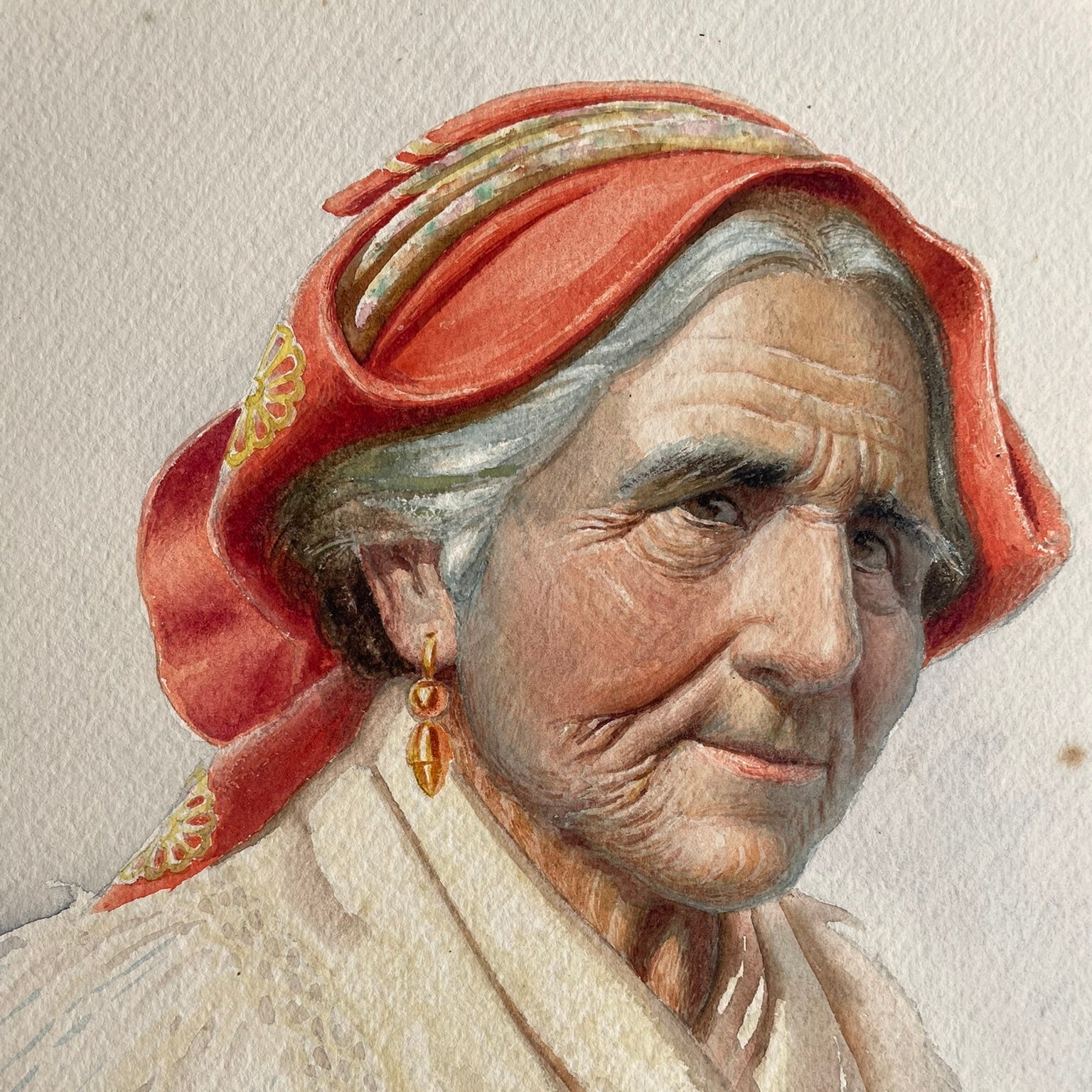 Original Signed Watercolour by Antonio Enrico Fiorentino – Woman in Red Headscarf