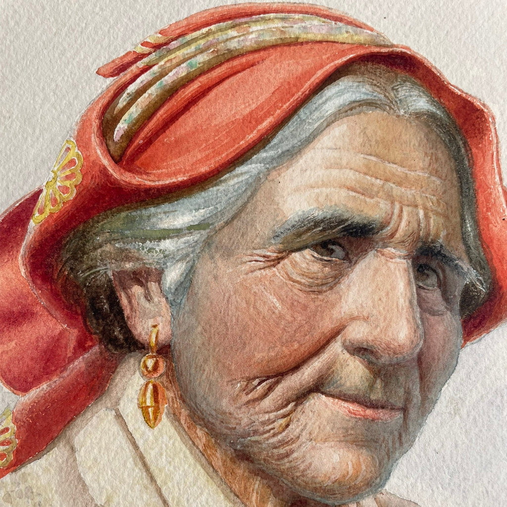 Original Signed Watercolour by Antonio Enrico Fiorentino – Woman in Red Headscarf
