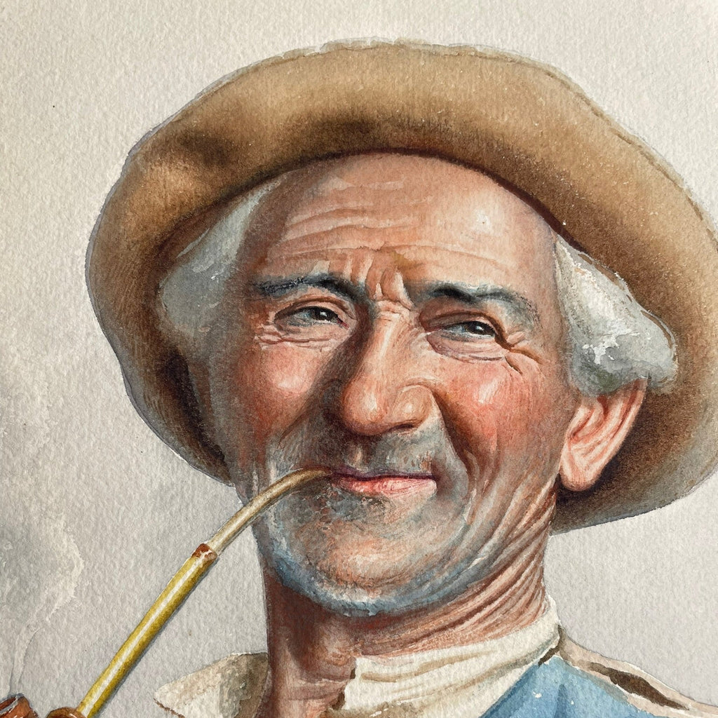 Original Signed Watercolour by Antonio Enrico Fiorentino – Man Smoking Pipe