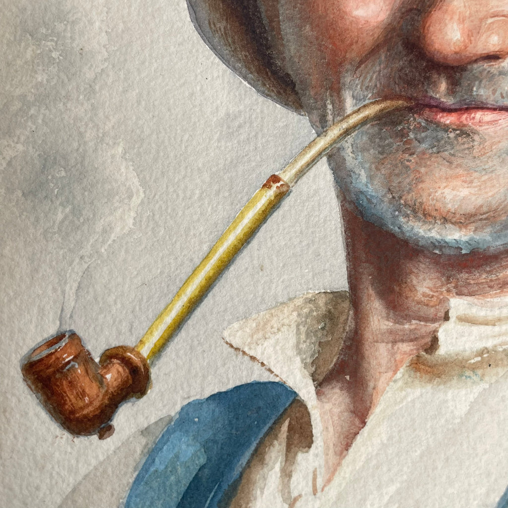 Original Signed Watercolour by Antonio Enrico Fiorentino – Man Smoking Pipe