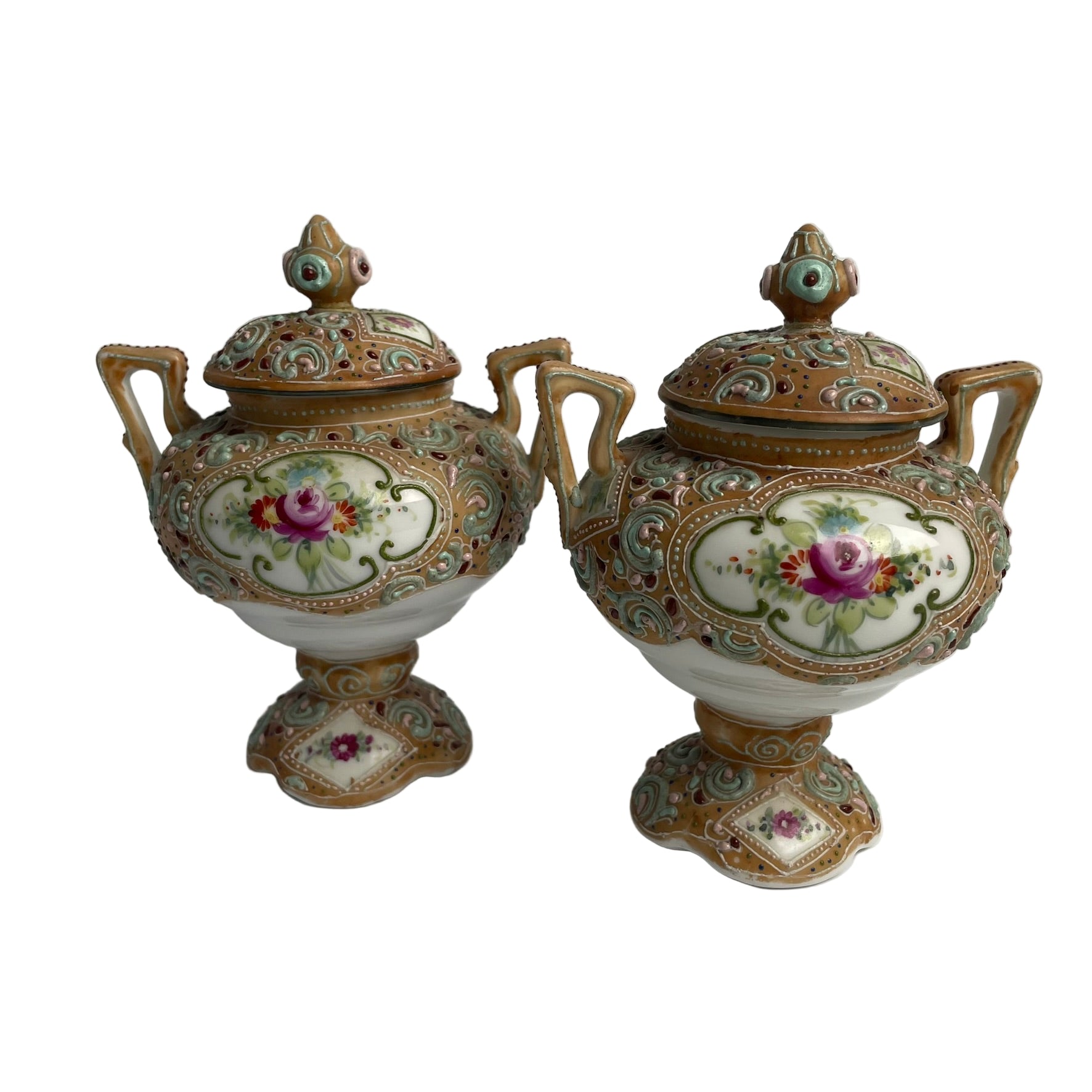 Pair of Antique Noritake Moriage Lidded Urns - Hand Painted Manji Mark c.1910-1920s