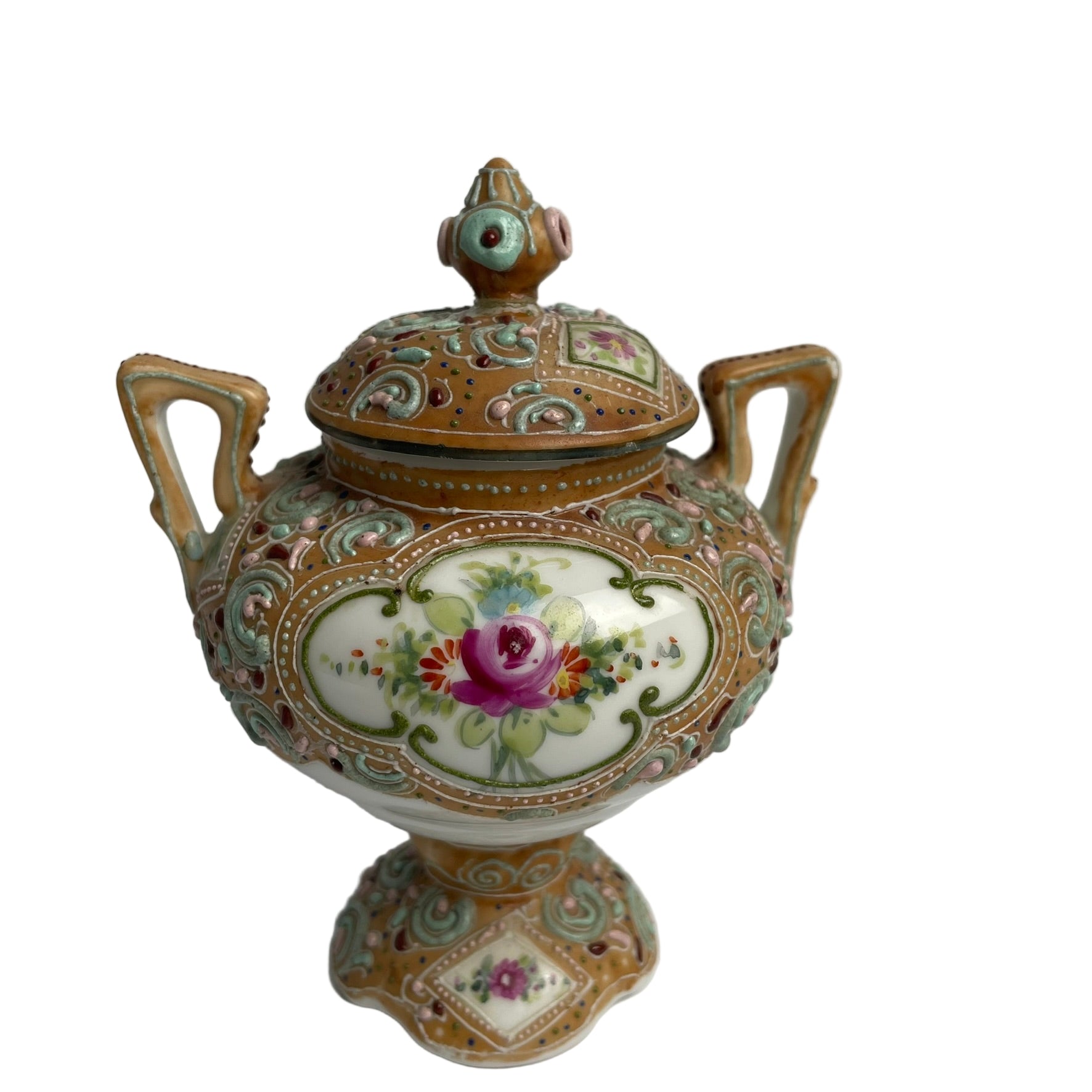 Pair of Antique Noritake Moriage Lidded Urns - Hand Painted Manji Mark c.1910-1920s