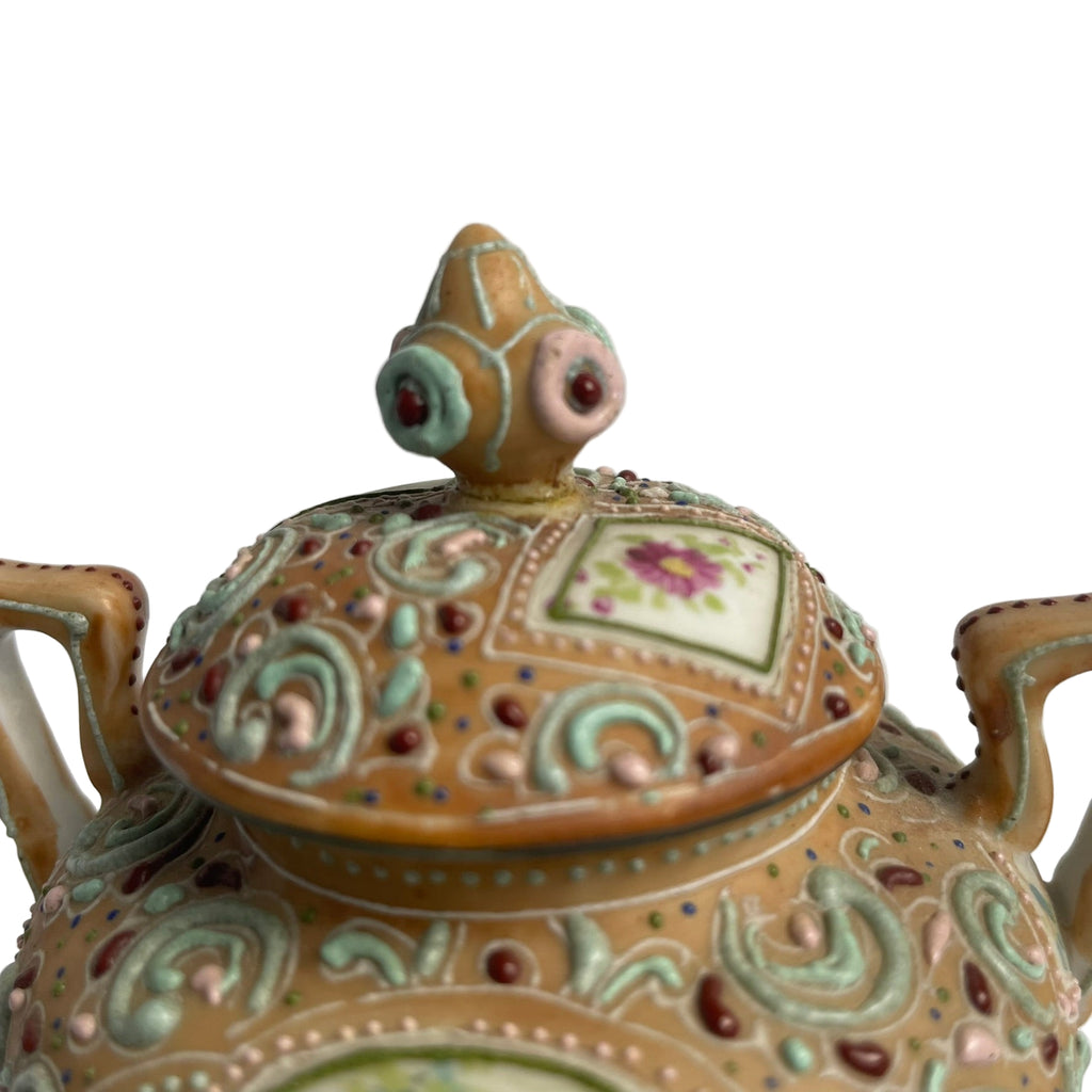 Pair of Antique Noritake Moriage Lidded Urns - Hand Painted Manji Mark c.1910-1920s