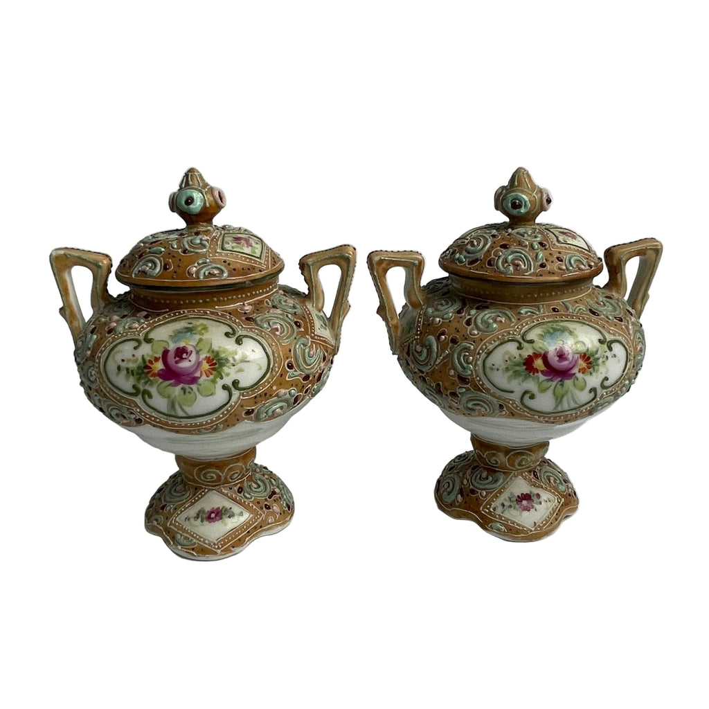Pair of Antique Noritake Moriage Lidded Urns - Hand Painted Manji Mark c.1910-1920s