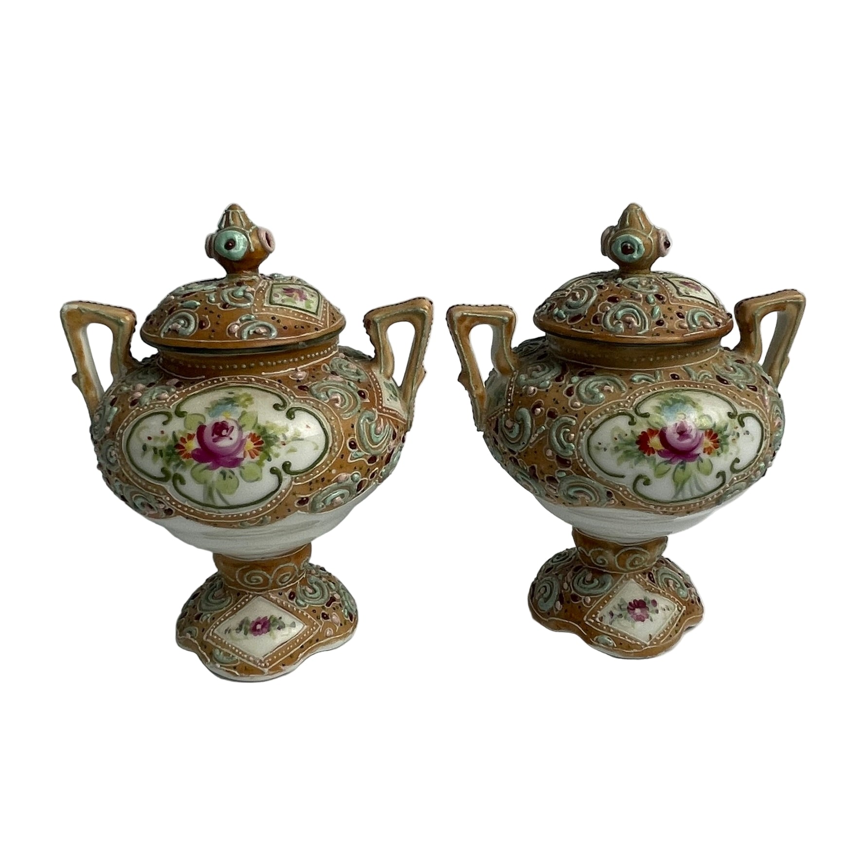 Pair of Antique Noritake Moriage Lidded Urns - Hand Painted Manji Mark c.1910-1920s