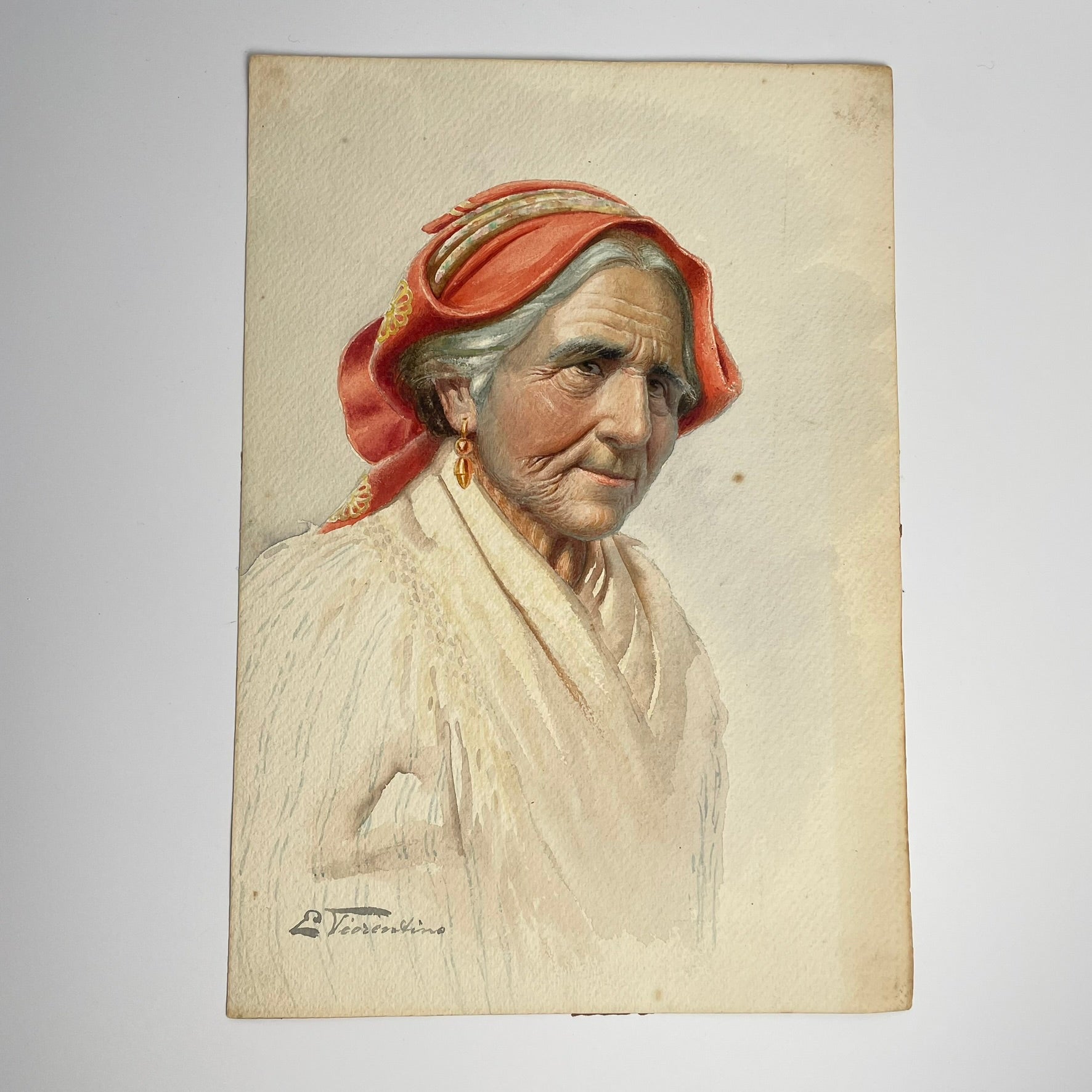 Original Signed Watercolour by Antonio Enrico Fiorentino – Woman in Red Headscarf
