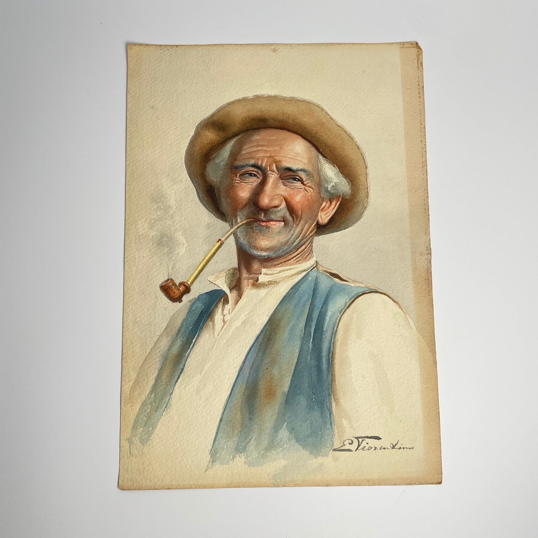 Original Signed Watercolour by Antonio Enrico Fiorentino – Man Smoking Pipe