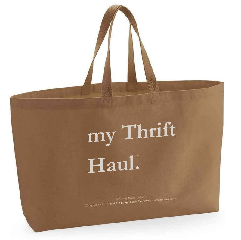 my Thrift Haul™ Oversized Canvas Tote Bag – Caramel with Light Grey Logo