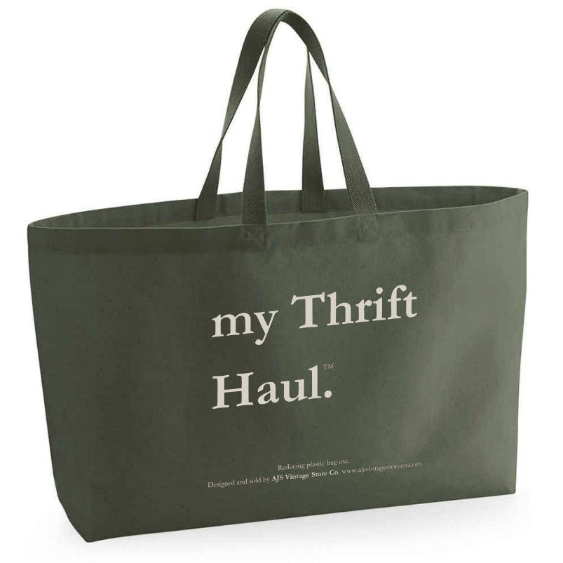 my Thrift Haul™ Oversized Canvas Tote Bag – Olive with Grey Logo