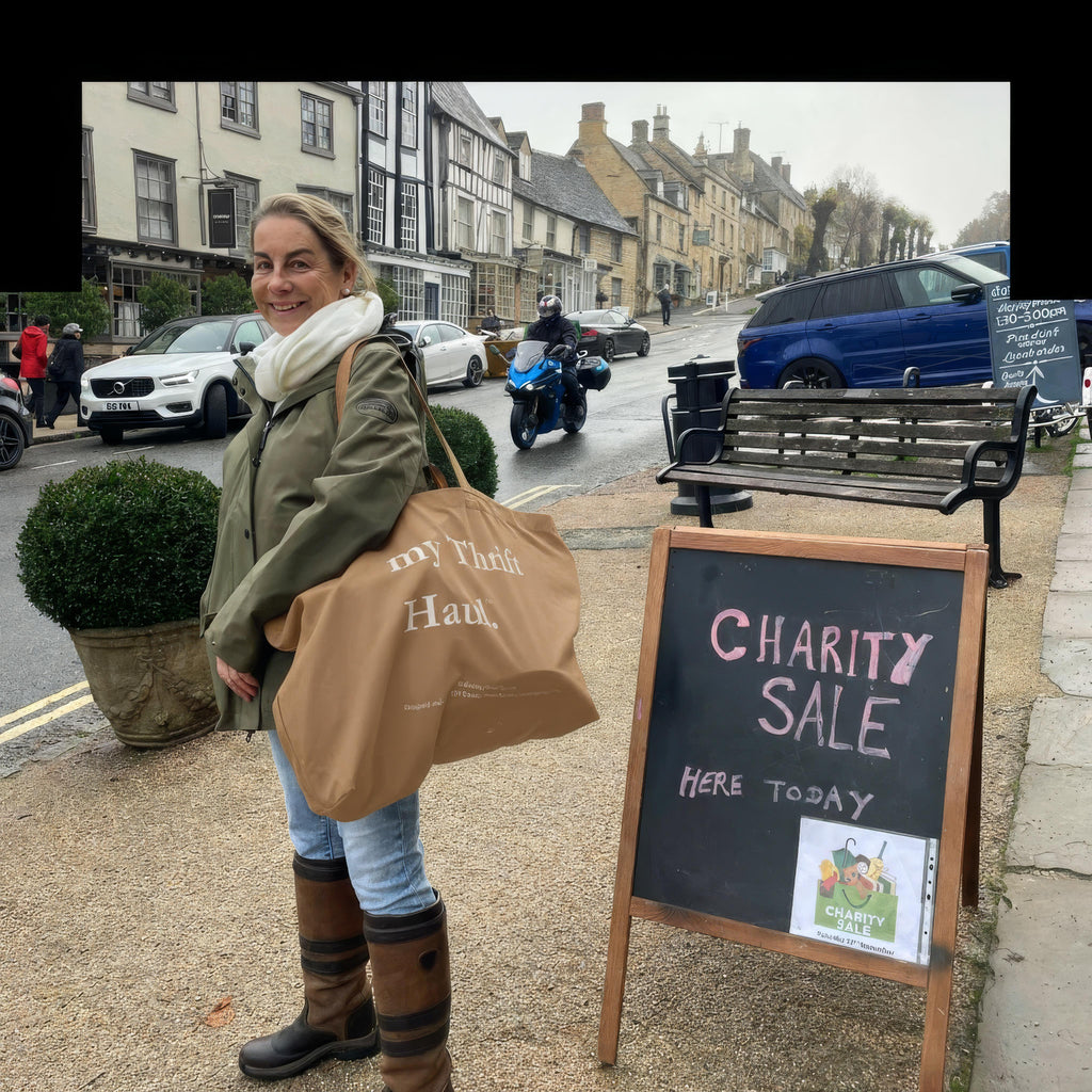 my Thrift Haul™ Oversized Canvas Tote Bag – Caramel with Light Grey Logo